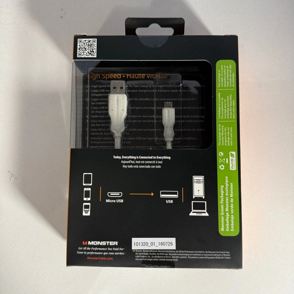 Monster High Speed Micro to USB-A Cable 1.5ft White‎ Fast Charging Data Transfer